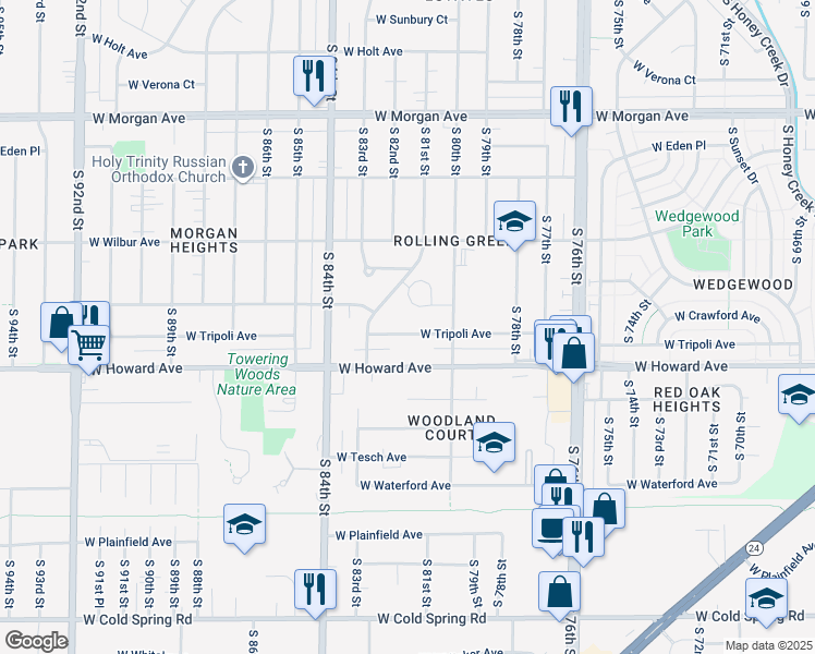 map of restaurants, bars, coffee shops, grocery stores, and more near 8040 West Tripoli Avenue in Milwaukee