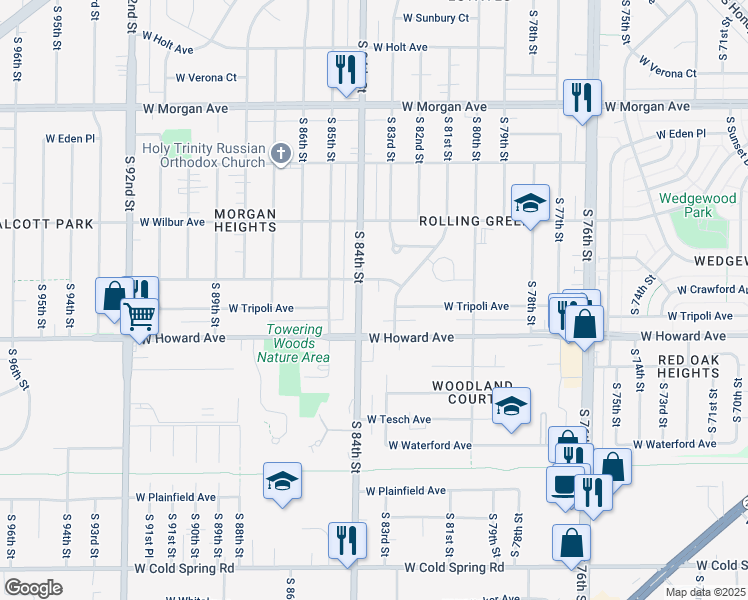 map of restaurants, bars, coffee shops, grocery stores, and more near 3817 South 83rd Street in Milwaukee