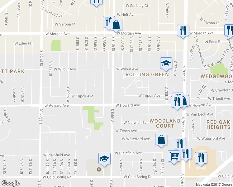 map of restaurants, bars, coffee shops, grocery stores, and more near 3817 South 83rd Street in Milwaukee