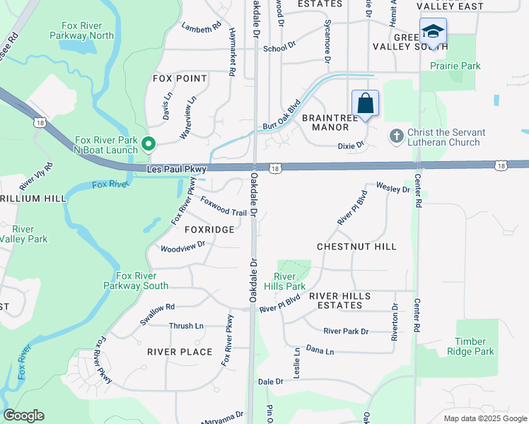 map of restaurants, bars, coffee shops, grocery stores, and more near 1200 Foxwood Trail in Waukesha