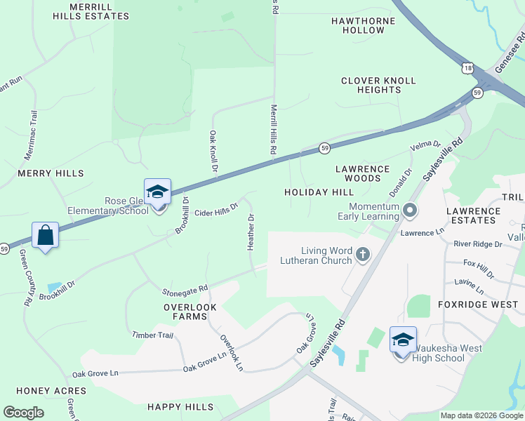 map of restaurants, bars, coffee shops, grocery stores, and more near W270S3826 Heather Drive in Waukesha