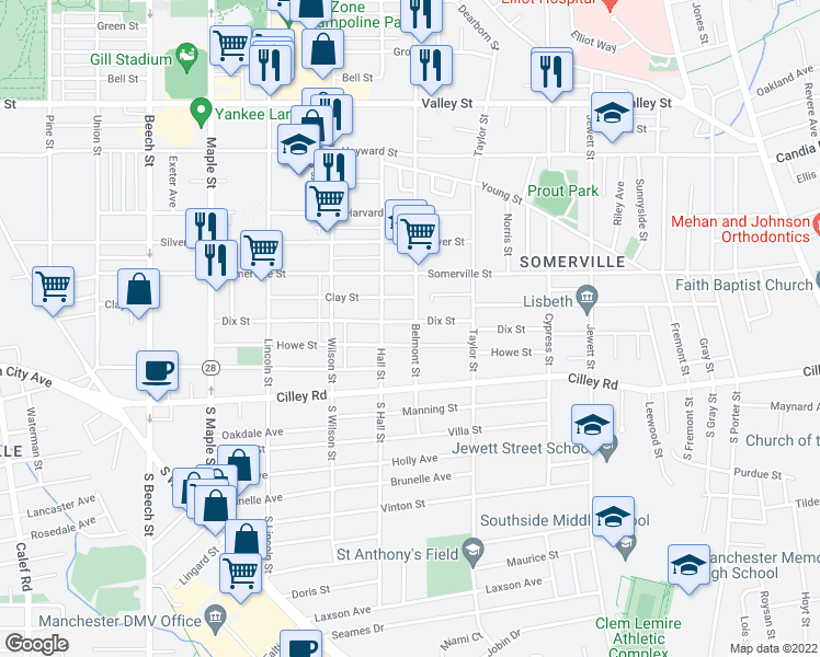 map of restaurants, bars, coffee shops, grocery stores, and more near 78 South Belmont Street in Manchester