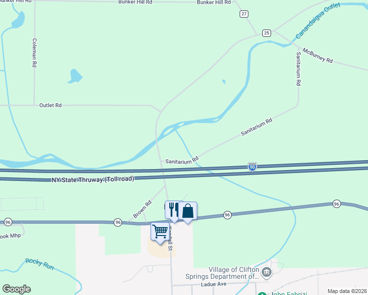 map of restaurants, bars, coffee shops, grocery stores, and more near 2700 Sanitarium Road in Clifton Springs