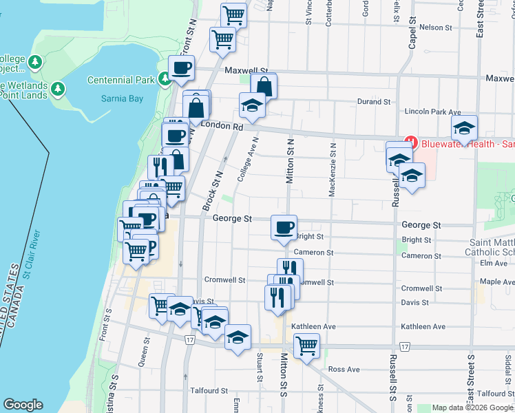 map of restaurants, bars, coffee shops, grocery stores, and more near 230 Forsyth Street North in Sarnia