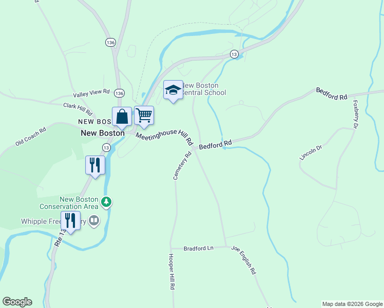 map of restaurants, bars, coffee shops, grocery stores, and more near 1 Cemetery Road in New Boston
