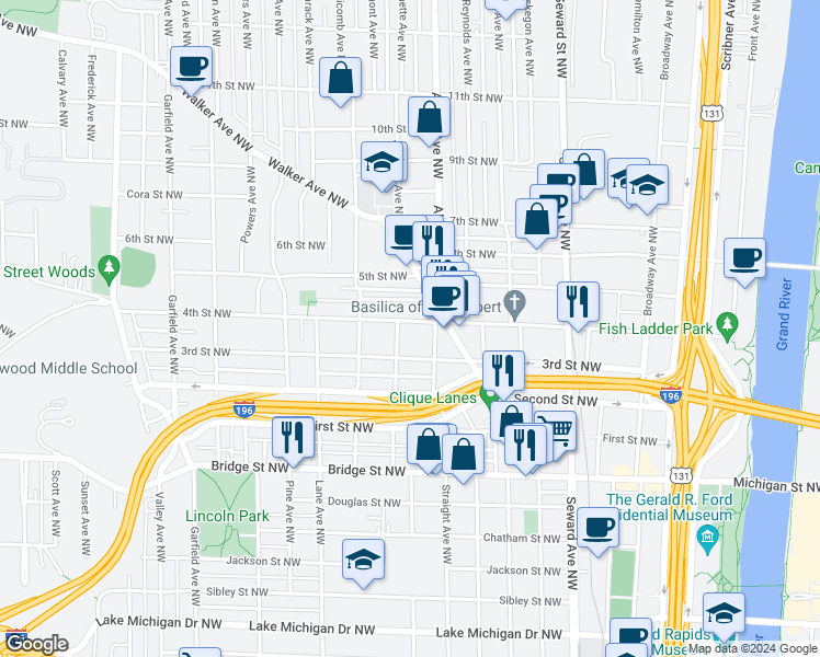 map of restaurants, bars, coffee shops, grocery stores, and more near 834 4th Street Northwest in Grand Rapids