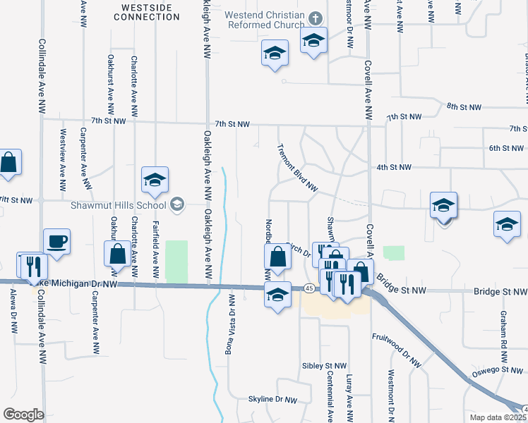map of restaurants, bars, coffee shops, grocery stores, and more near 545 Nordberg Avenue Northwest in Grand Rapids