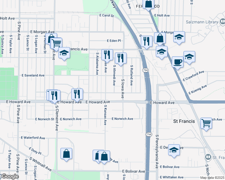 map of restaurants, bars, coffee shops, grocery stores, and more near 3825 South Ahmedi Avenue in Saint Francis