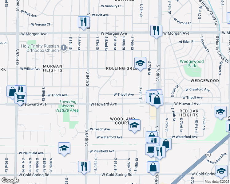 map of restaurants, bars, coffee shops, grocery stores, and more near 8040 West Tripoli Avenue in Milwaukee