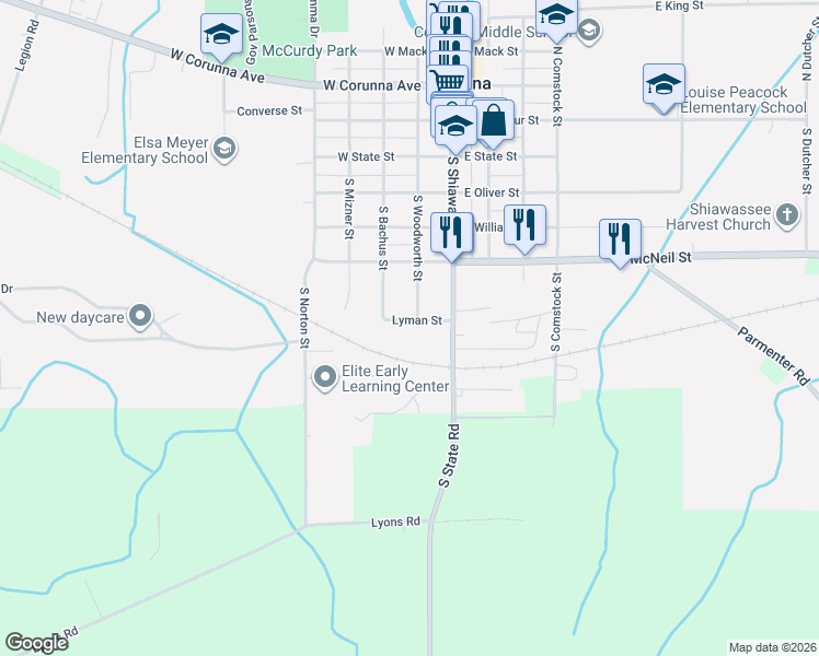 map of restaurants, bars, coffee shops, grocery stores, and more near 210 Lyman Street in Corunna