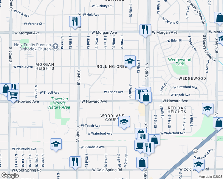 map of restaurants, bars, coffee shops, grocery stores, and more near 8000 West Tripoli Avenue in Milwaukee