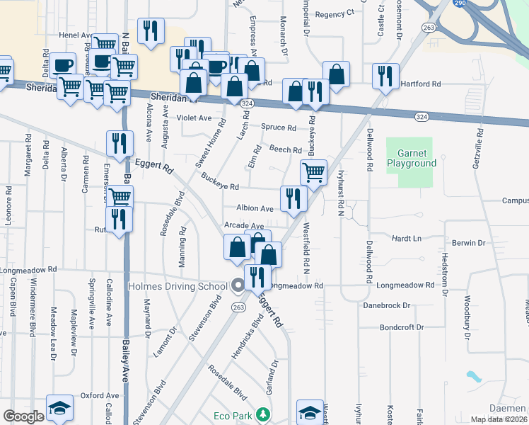 map of restaurants, bars, coffee shops, grocery stores, and more near 65 Albion Avenue in Buffalo