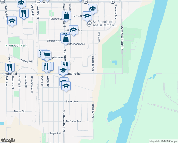 map of restaurants, bars, coffee shops, grocery stores, and more near 1075 Ontario Road in Welland