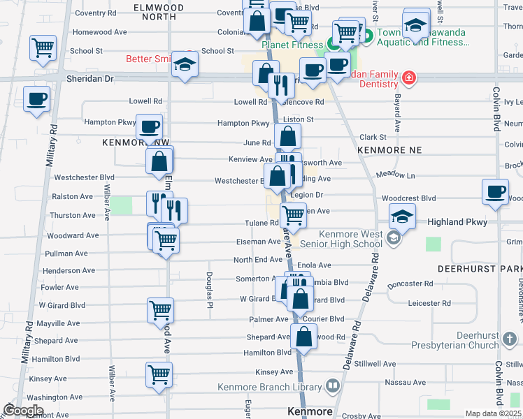 map of restaurants, bars, coffee shops, grocery stores, and more near 36 Brendan Avenue in Buffalo