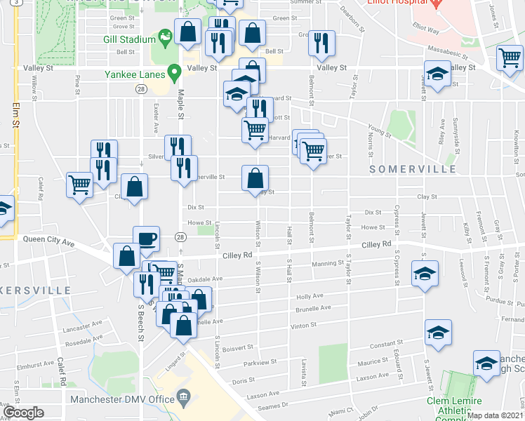 map of restaurants, bars, coffee shops, grocery stores, and more near 585 Dix Street in Manchester