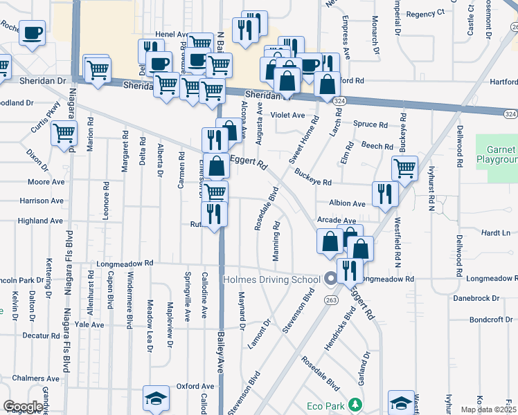 map of restaurants, bars, coffee shops, grocery stores, and more near 398 Rosedale Boulevard in Buffalo