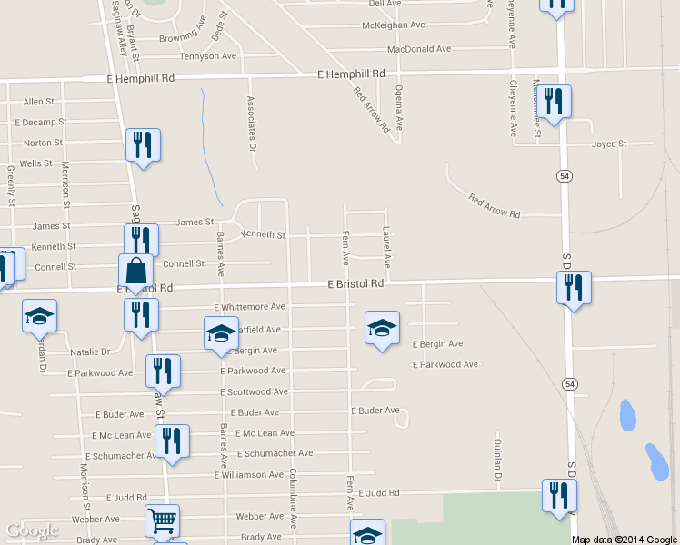 map of restaurants, bars, coffee shops, grocery stores, and more near 3520 Fern Avenue in Burton