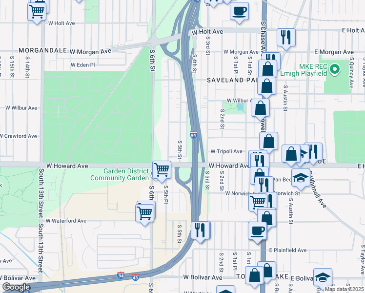 map of restaurants, bars, coffee shops, grocery stores, and more near 3822 South 5th Street in Milwaukee