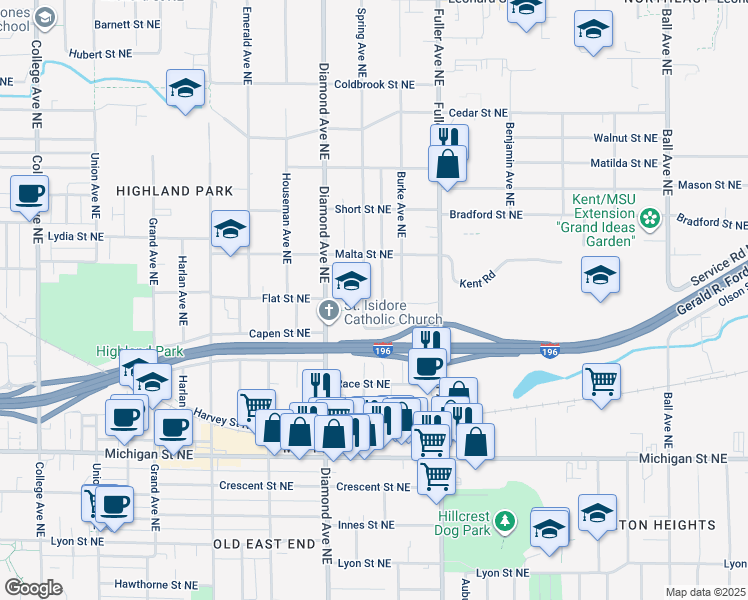map of restaurants, bars, coffee shops, grocery stores, and more near 644 Spring Avenue Northeast in Grand Rapids