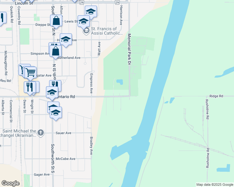 map of restaurants, bars, coffee shops, grocery stores, and more near 1161 Ontario Road in Welland