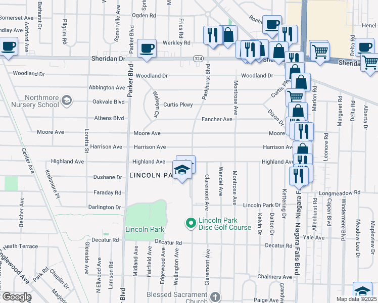 map of restaurants, bars, coffee shops, grocery stores, and more near 553 Harrison Ave in Buffalo
