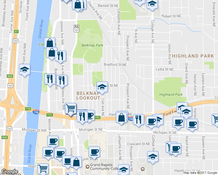 map of restaurants, bars, coffee shops, grocery stores, and more near 643 Clancy Avenue Northeast in Grand Rapids