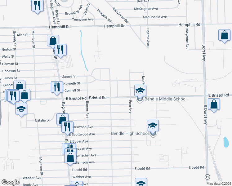 map of restaurants, bars, coffee shops, grocery stores, and more near 3520 Barcey Court in Burton
