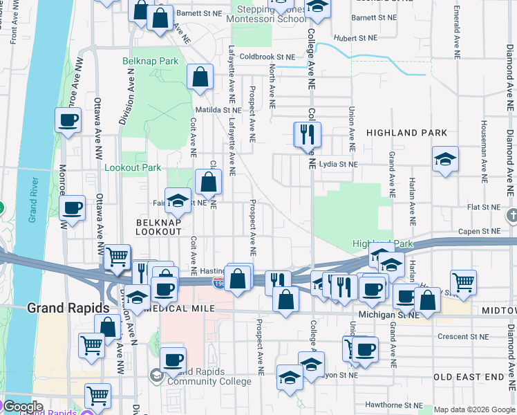 map of restaurants, bars, coffee shops, grocery stores, and more near 642 Prospect Avenue Northeast in Grand Rapids