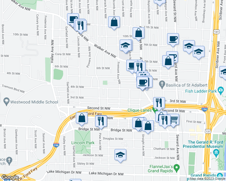 map of restaurants, bars, coffee shops, grocery stores, and more near 920 4th Street Northwest in Grand Rapids