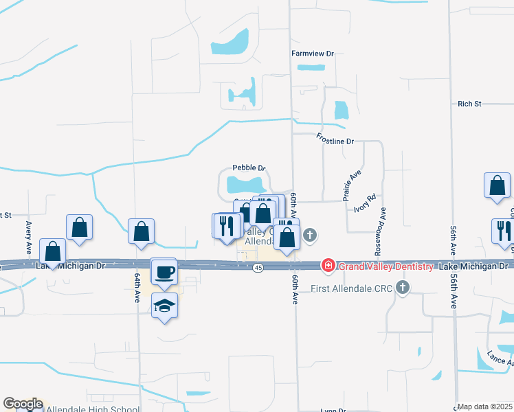 map of restaurants, bars, coffee shops, grocery stores, and more near 6086 Crystal Drive in Allendale Charter Township