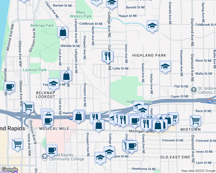 map of restaurants, bars, coffee shops, grocery stores, and more near 635 College Avenue Northeast in Grand Rapids