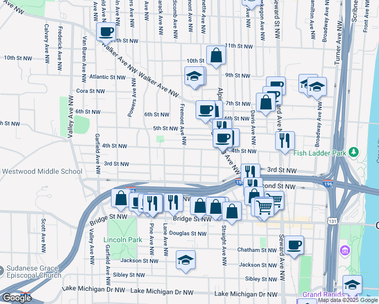 map of restaurants, bars, coffee shops, grocery stores, and more near 874 4th Street Northwest in Grand Rapids