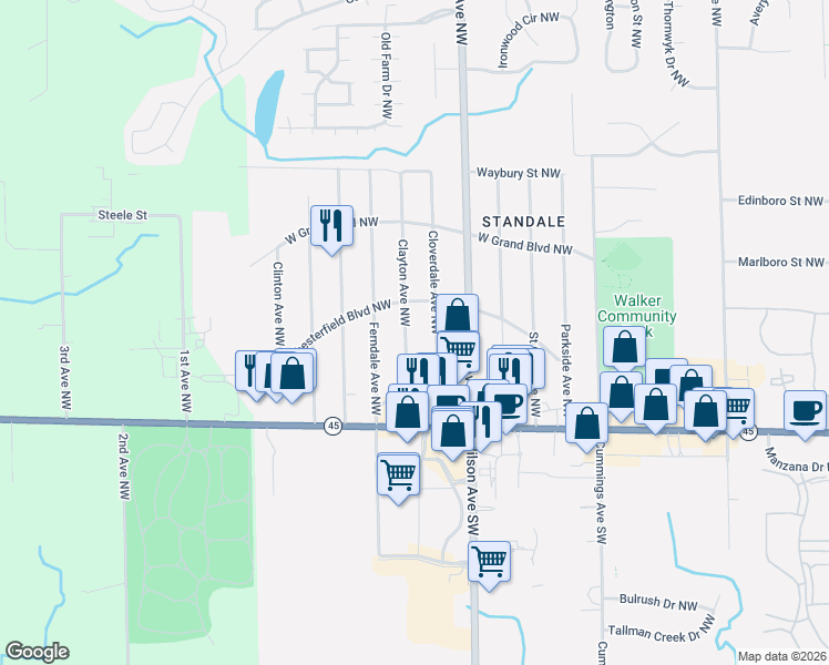 map of restaurants, bars, coffee shops, grocery stores, and more near 529 Clayton Avenue Northwest in Walker