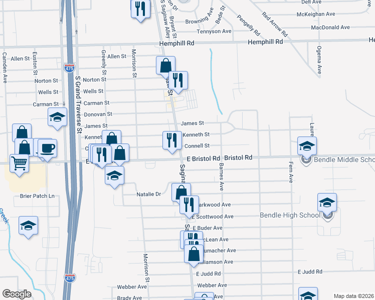 map of restaurants, bars, coffee shops, grocery stores, and more near 3525 Saginaw Road in Burton