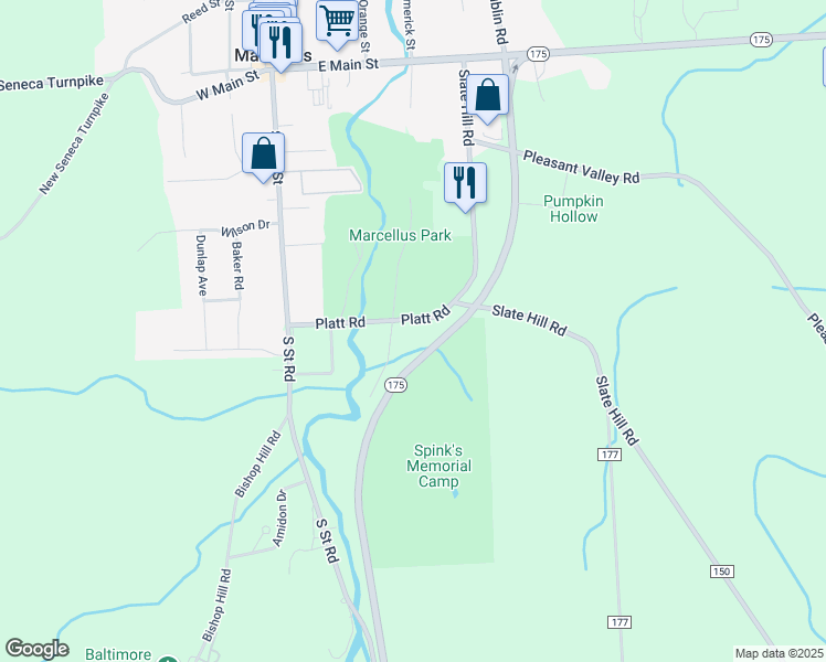 map of restaurants, bars, coffee shops, grocery stores, and more near 2534 County Road 150A in Marcellus