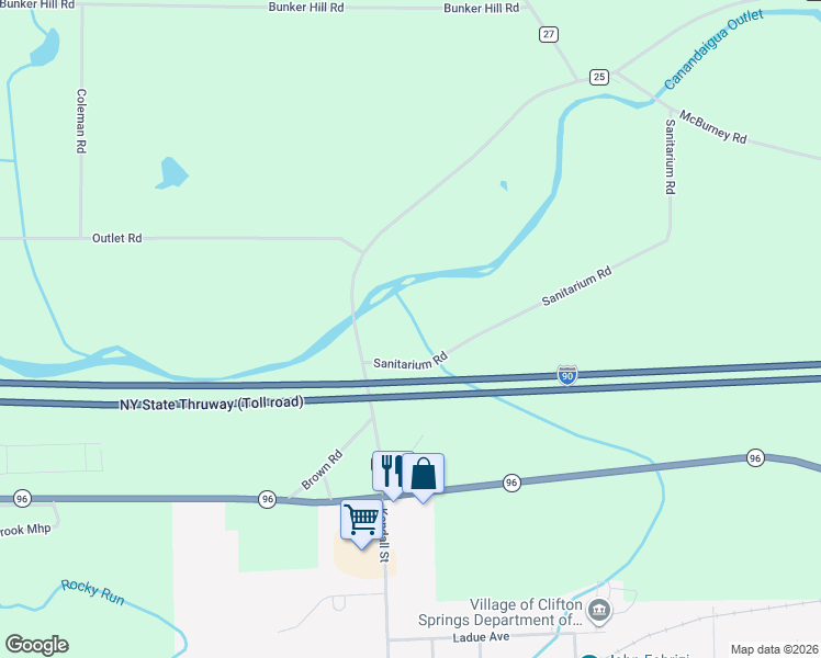 map of restaurants, bars, coffee shops, grocery stores, and more near 2700 Sanitarium Road in Clifton Springs