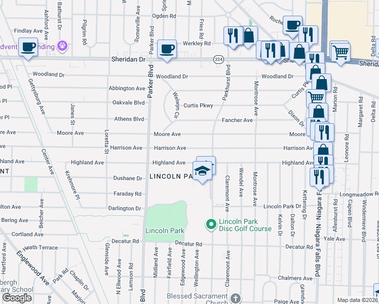 map of restaurants, bars, coffee shops, grocery stores, and more near 519 Harrison Avenue in Buffalo
