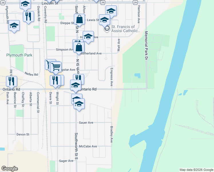 map of restaurants, bars, coffee shops, grocery stores, and more near 1075 Ontario Road in Welland