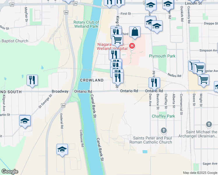 map of restaurants, bars, coffee shops, grocery stores, and more near in Welland