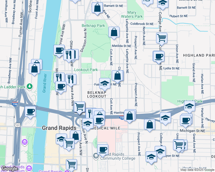 map of restaurants, bars, coffee shops, grocery stores, and more near 122 Fairbanks Street Northeast in Grand Rapids