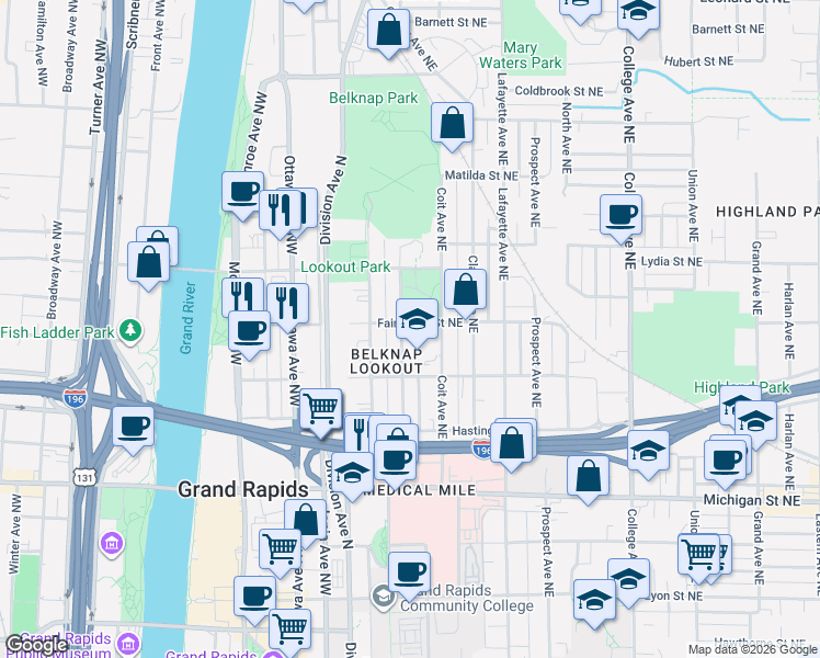 map of restaurants, bars, coffee shops, grocery stores, and more near 122 Fairbanks Street Northeast in Grand Rapids