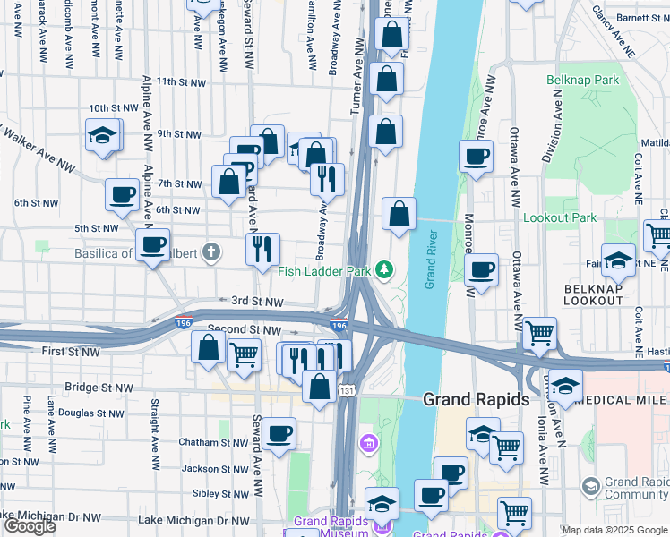 map of restaurants, bars, coffee shops, grocery stores, and more near 645 Turner Avenue Northwest in Grand Rapids
