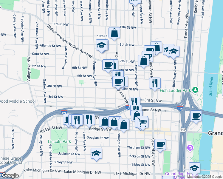 map of restaurants, bars, coffee shops, grocery stores, and more near 834 4th Street Northwest in Grand Rapids