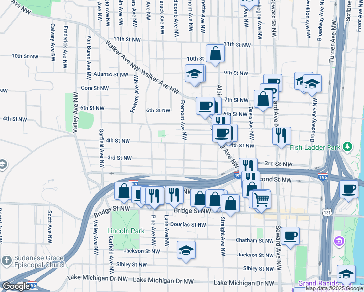 map of restaurants, bars, coffee shops, grocery stores, and more near 874 4th Street Northwest in Grand Rapids