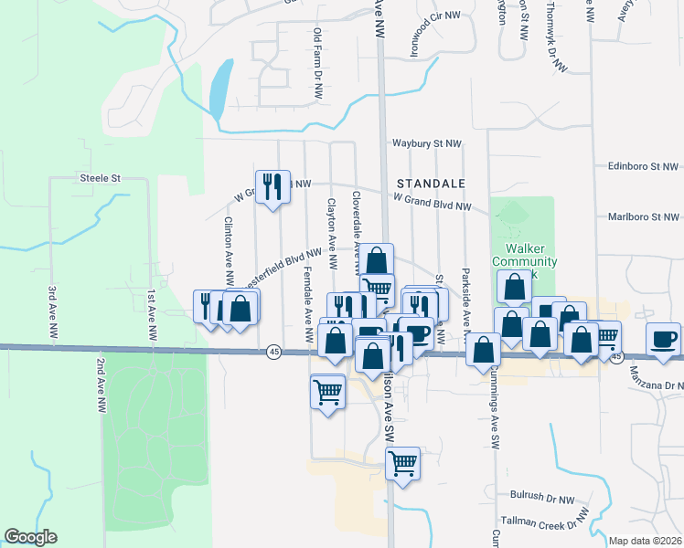 map of restaurants, bars, coffee shops, grocery stores, and more near 529 Clayton Avenue Northwest in Walker