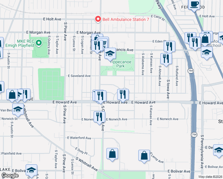 map of restaurants, bars, coffee shops, grocery stores, and more near 1314 East Tripoli Avenue in Milwaukee