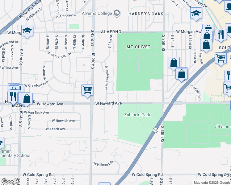 map of restaurants, bars, coffee shops, grocery stores, and more near 3826 South 40th Street in Greenfield