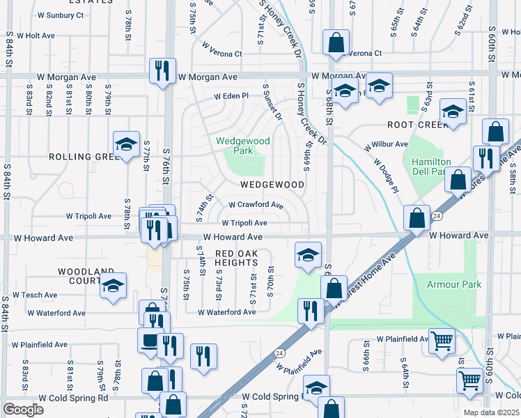 map of restaurants, bars, coffee shops, grocery stores, and more near 7101 West Crawford Avenue in Milwaukee