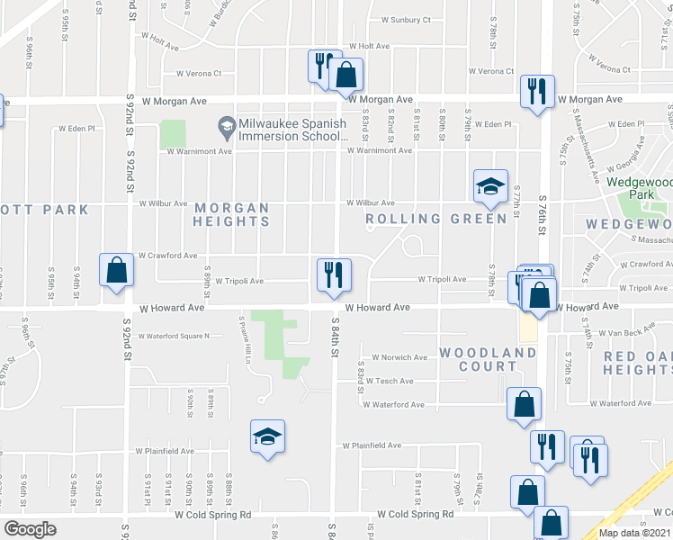 map of restaurants, bars, coffee shops, grocery stores, and more near 3830 South 84th Street in Milwaukee