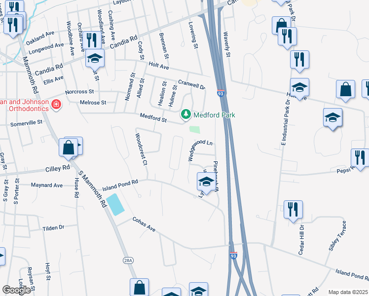map of restaurants, bars, coffee shops, grocery stores, and more near 162 Green Acres Drive in Manchester
